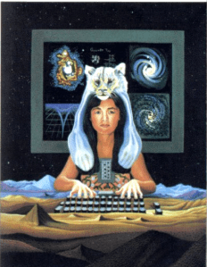 Shamanic meso-american woman playing the earth as a computer keyboard